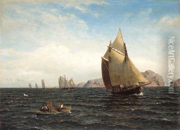 Seilbater Pa Fjorden (sailing Off The Norwegian Coast) Oil Painting - Hans Frederick Gude