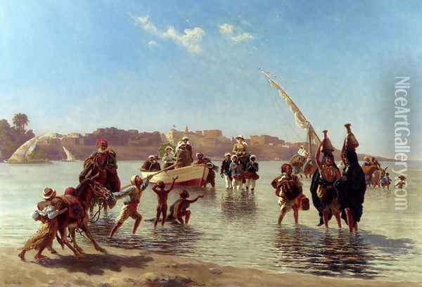 Figures Coming Ashore Near Luxor, Upper Egypt Oil Painting - Paul Rudolf Linke