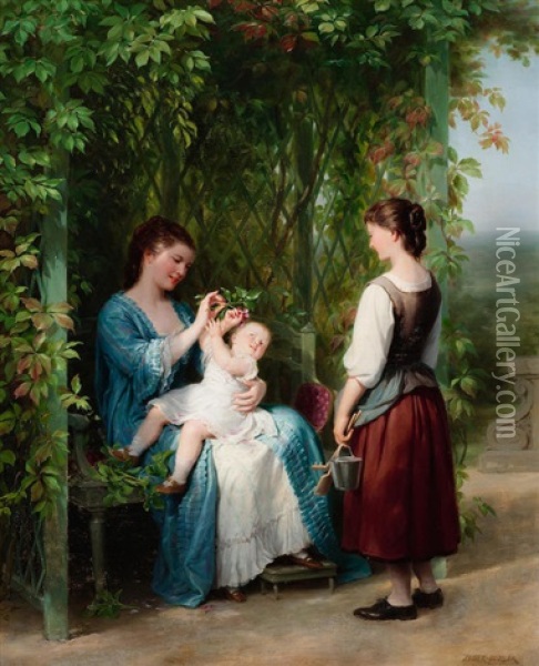 Playing With Baby In The Garden Oil Painting - Fritz Zuber-Buehler