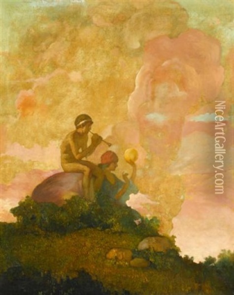 Two Figures At Daybreak Oil Painting - Ettore Caser