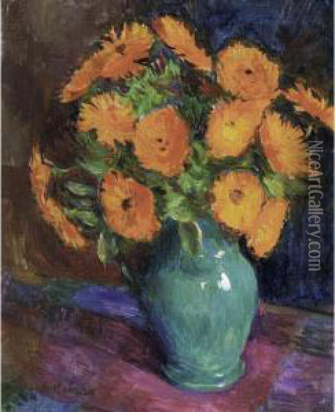 Marigolds In A Green Vase Oil Painting - James Bolivar Manson