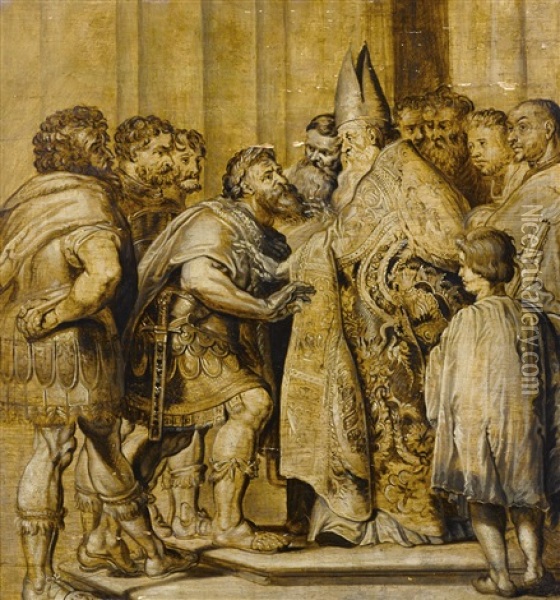 Saint Ambrose And Emperor Theodosius Oil Painting - Abraham van Diepenbeeck