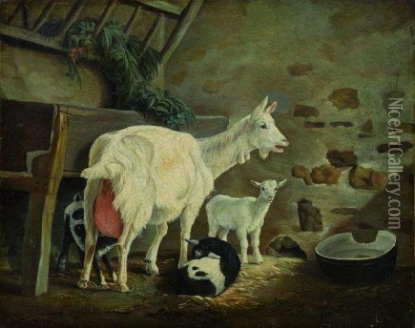 La Chevre Et Ses Chevreaux Oil Painting - Jean-Baptiste Huet I