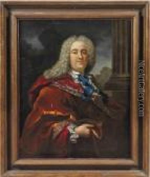 Portrait Of A Gentleman, 
Half-length, In A Richly Embroideredmaroon And Russet Cloak, A Landscape
 Beyond Oil Painting - Hyacinthe Rigaud
