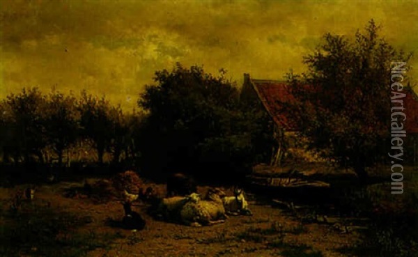A Dutch Farm With Sheep, Goats And Poultry Oil Painting - Albertus Gerardus Bilders