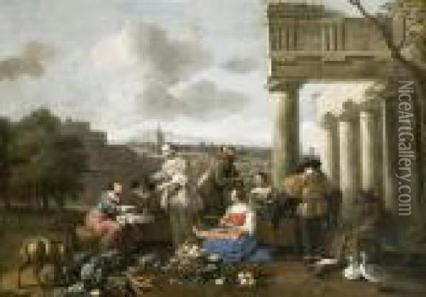 Scena Di Mercato Presso Un Tempio Dorico E Una Citta In Lontananza Oil Painting - Hendrick Mommers
