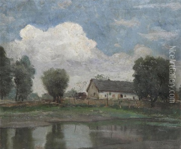 Hungarian Landscape With Farmhouse Near The Water Oil Painting - Janos Laszlo Aldor