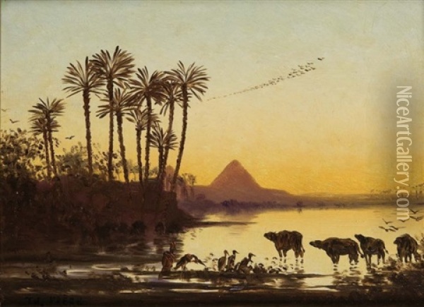 Coucher De Soleil Sur Le Nil, Pyramides De Cheops Oil Painting - Charles Theodore (Frere Bey) Frere
