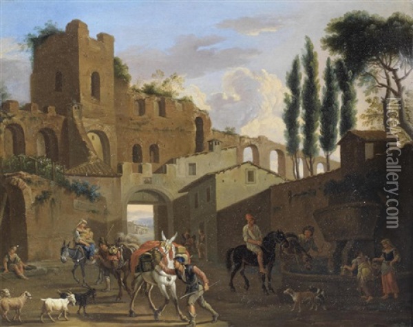 Riders And Washerwomen At A Fountain Before A Ruined Roman Aqueduct Oil Painting - Jacob De Heusch