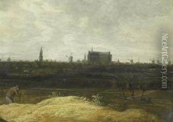 View Of Leiden With Pieterskerck. Oil Painting - Anthony Jansz. Van Der Croos