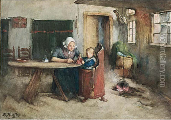 Mother And Child In A Cottage Interior Oil Painting - Eduard Frankfort