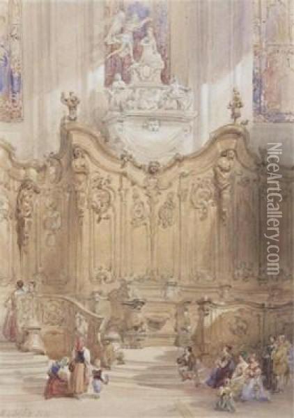 A Cathedral Interior Oil Painting - William Leighton Leitch