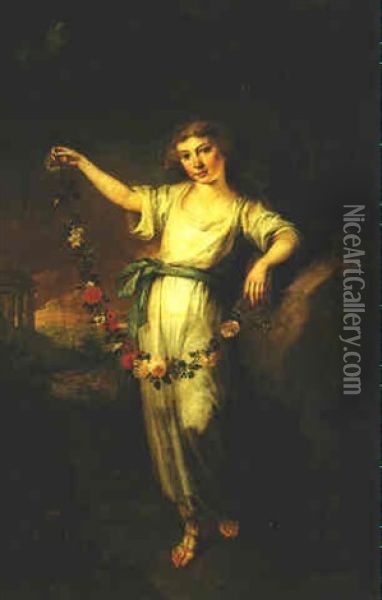 Portrait Of Elisabeth Auguste, Grafin Von Torring Und Gronsfeld, At The Age Of Ten, Holding A Garland Of Flowers Oil Painting - Joseph Hauber
