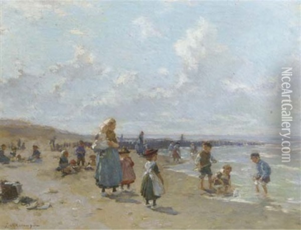 In De Vakantiedagen: Children Playing On The Beach In Summer Oil Painting - Johannes Evert Hendrik Akkeringa