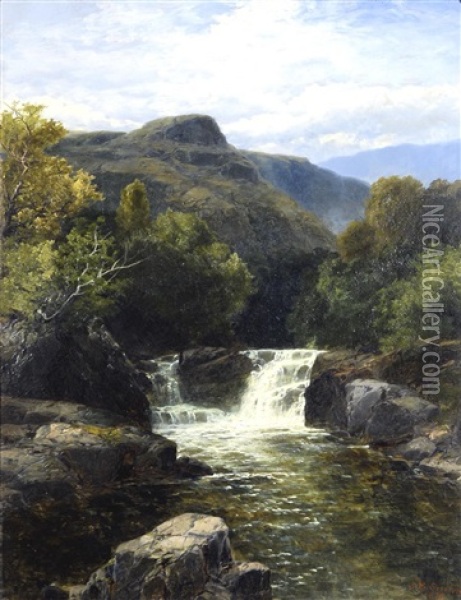 Mountainous Scene With Waterfall Oil Painting - James Burrell Smith