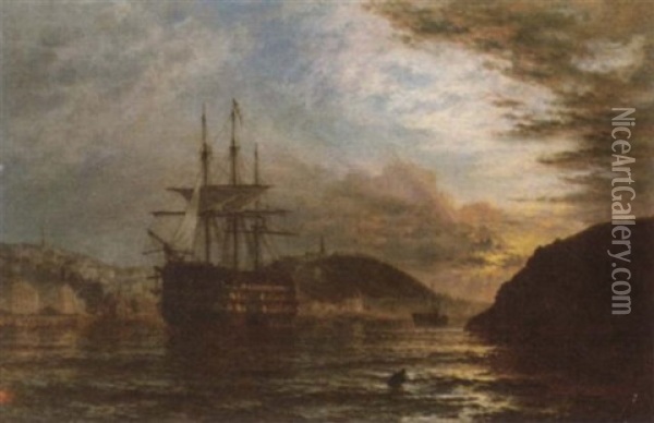 A Three-decker Lying At Anchor In The River At Dusk Oil Painting - Henry Dawson