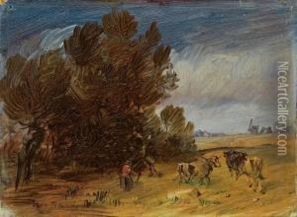 Landschaft Mit Kuhen, Rotjacke Und Windmuhle Oil Painting - Wilhelm Busch