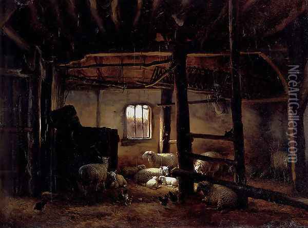 In The Stable Oil Painting - Eugene Verboeckhoven