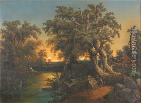 Baumbestandene Weiherlandschaft Mit Figurenstaffage Oil Painting - Jean Marc Benjamin Tepping