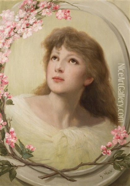 Portrait Einer Jungen Frau In Einem Ovalen Medaillon Aus Blutenzweigen Oil Painting - Gabriel von Max
