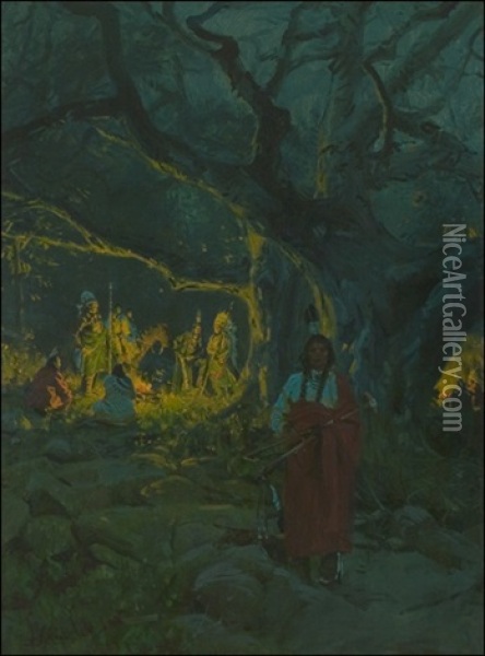 Indians In Firelight Oil Painting - Gilbert Gaul