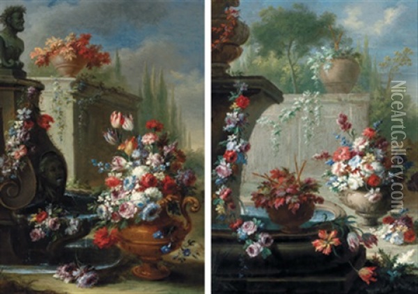 Blumenstrause In Kunstvoll Verzierten Vasen Und Blumengirlanden An Steinernen Brunnen In Schlossparks (+ Another; Pair) Oil Painting - Gasparo Lopez