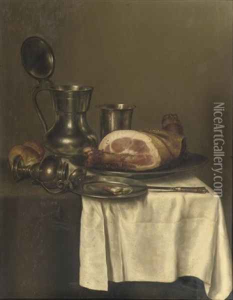A Pewter Jug, A Silver Cup, A Ham On A Silver Plate, A Knife On A Pewter Plate And A Roll Of Bread Oil Painting - Gerrit Willemsz. Heda