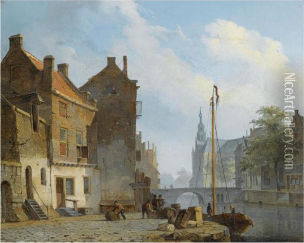 Figures On A Quay In A Dutch Town Oil Painting - Cornelis Springer