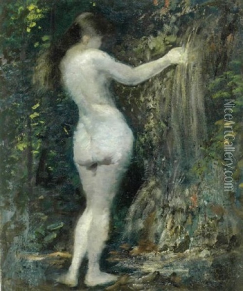 Quellnymphe - Junger Weiblicher Ruckenakt An Einer Quelle Im Waldinneren Oil Painting - Adolf Erbsloeh