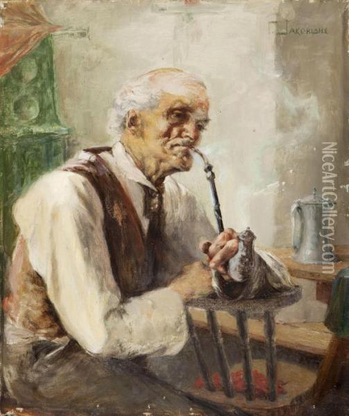 Old Man With Pipe Oil Painting - Georg Jakobides