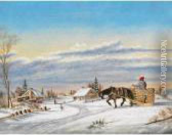 Returning To The Homestead, Winter Oil Painting - Cornelius Krieghoff