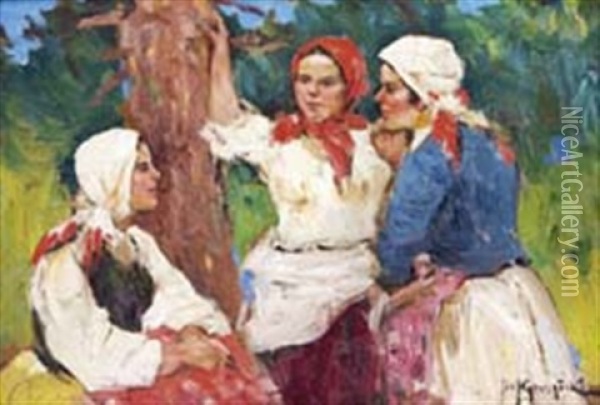 Ohne Titel (drei Madchen In Arbeitstracht Im Grunen Stehend) Oil Painting - Fotij Stepanowitsch Krassitzkij