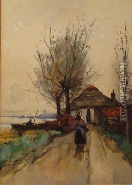 A Rural Dutch Landscape With A Woman Walking Along A Canal Pathtowards A Cottage Oil Painting - Jan De Jong
