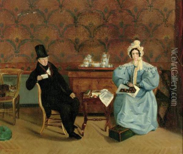 An Elegant Couple In An Interior Oil Painting - Emile Mascre