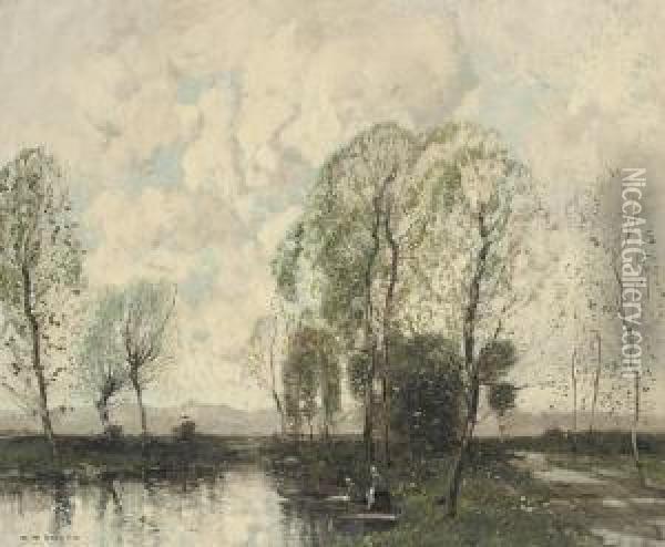 Boating On A Canal Oil Painting - William Alfred Gibson