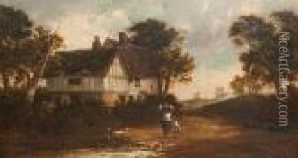 Returning Home - Mother And Child Before A Timbered Farmhouse, With Church Beyond Oil Painting - Thomas Smythe