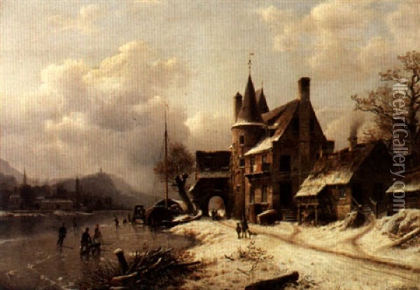 A Village In Winter By A Frozen Stream Oil Painting - Johannes Bartholomaeus Duntze