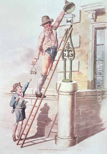 The Lamplighter from Costume of Great Britain, 1805 Oil Painting - William Henry Pyne