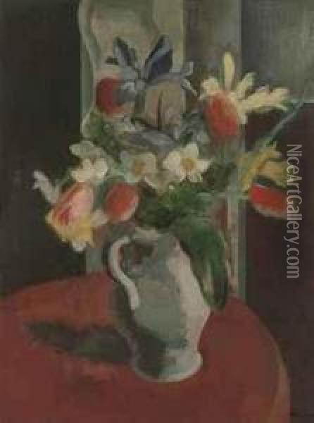 Tulips And Irises Oil Painting - Bernard Meninsky