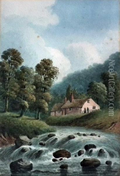 River Landscape With Cottages To Bank Oil Painting - H. Magenis