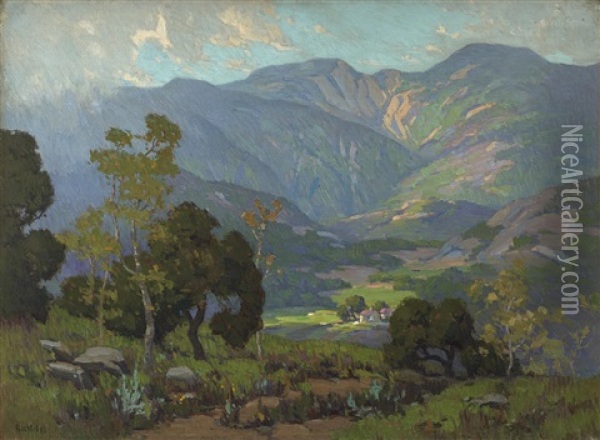 Home In The Valley Oil Painting - Elmer Wachtel