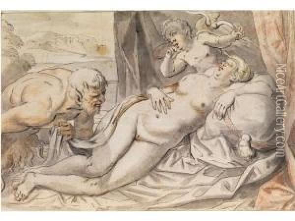 Pan Belauscht Die Schlafende Venus Oil Painting - Johann Rottenhammer