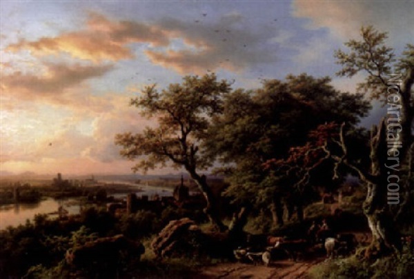 Rijnlandschap Met Figuren Oil Painting - Barend Cornelis Koekkoek
