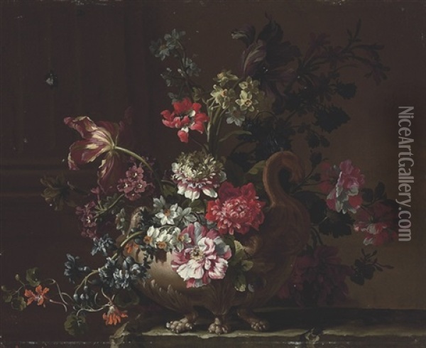 Peonies, Narcissi, Tulips, Hyacinths And Other Flowers In A Teracotta Urn On A Stone Table Oil Painting - Jean-Baptiste Monnoyer