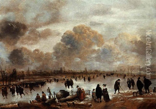A Winter Landscape With Skaters And Townsfolk On A Frozen Waterway Oil Painting - Aert van der Neer