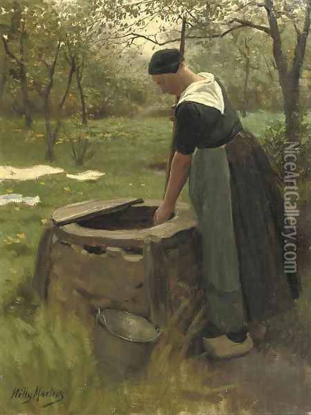 Fetching water from the well Oil Painting - Willy Martens