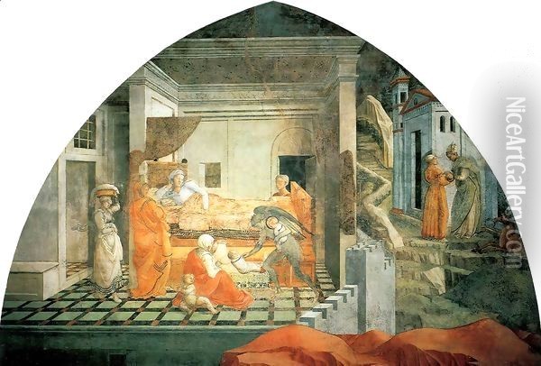 St Stephen is Born and Replaced by Another Child 1452-65 Oil Painting - Fra Filippo Lippi
