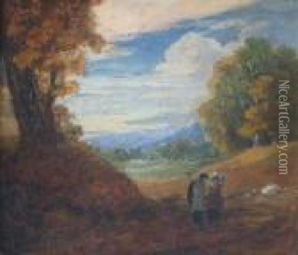 Landscape With Two Figures Walking Oil Painting - John Linnell