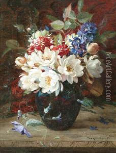 Stilllife With A Vase Of Flowers Upon A Ledge Oil Painting - William Jabez Muckley