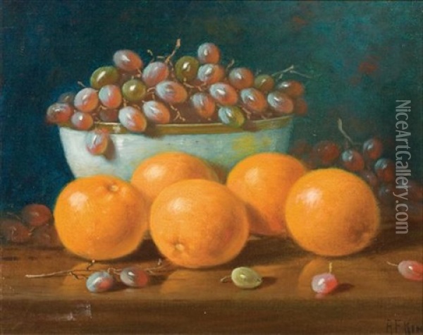 Bowl Of Grapes With Oranges Oil Painting - Albert Francis King